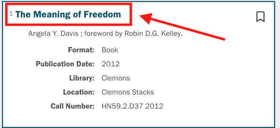 Arrow points to title of item on the Virgo search results page
