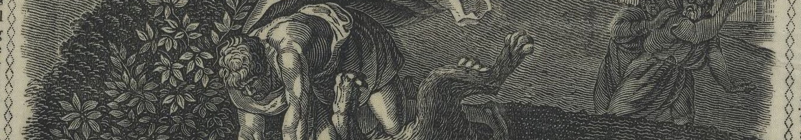 Close up drawing showing a man and a beast with large paws