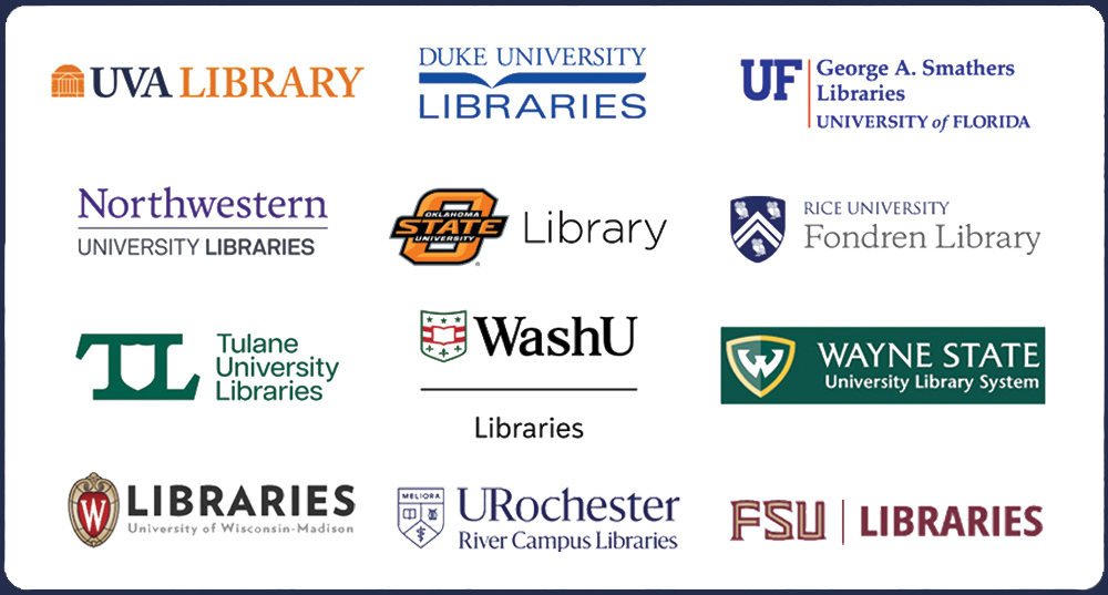 A grid of university library logos including UVA Library, Duke University Libraries, University of Florida, and others against a white background.
