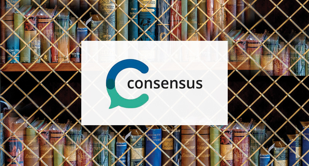 A bookshelf filled with colorful books is partially obscured by a diamond-patterned grate. Centered in a white box is a logo with a stylized "C" and the word "consensus."
