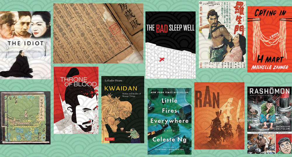 Book covers, movie posters, and primary source photos featured in the article on a green background. 