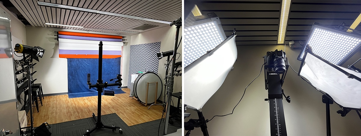 Recording studio with two views. Left side shows a setup with a camera, tripod, and large fabric backdrop in red, white, and blue stripes. Right side shows professional lighting equipment positioned towards a camera on a tripod.
