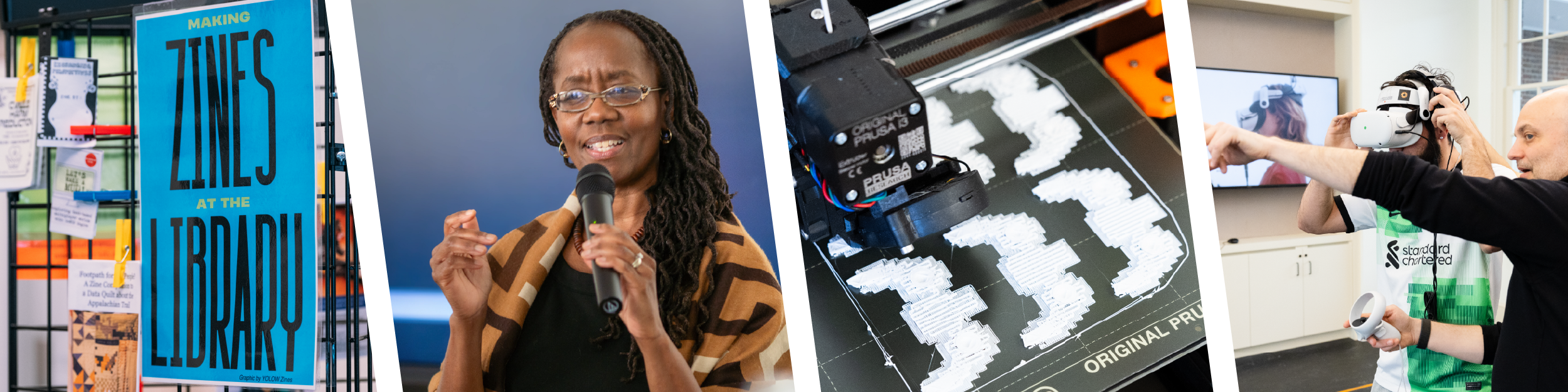 A collage of images showing the zine library, a woman smiling while speakign into a microphone, a 3D printing in progress, and two people using virtual reality goggles