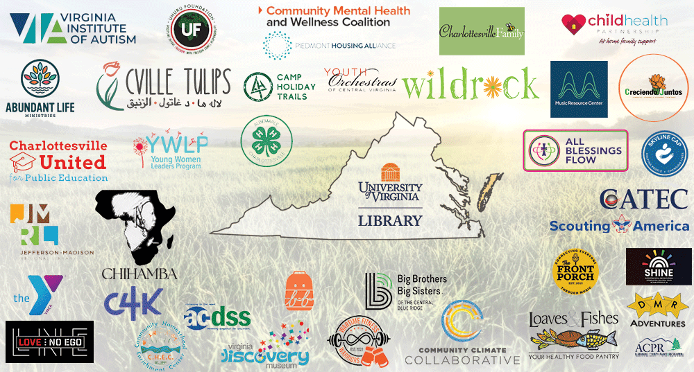 This image features a collection of logos from various organizations surrounding a central map of Virginia. Notable names include the University of Virginia, Virginia Institute of Autism, and Charlottesville City Schools. The logos represent a diverse range of community and educational groups.