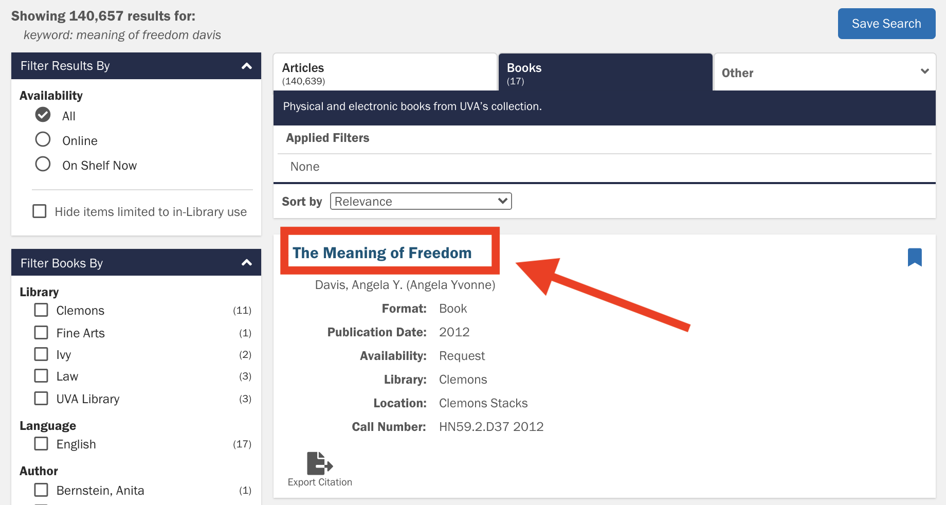 Arrow points to title of item on the Virgo search results page