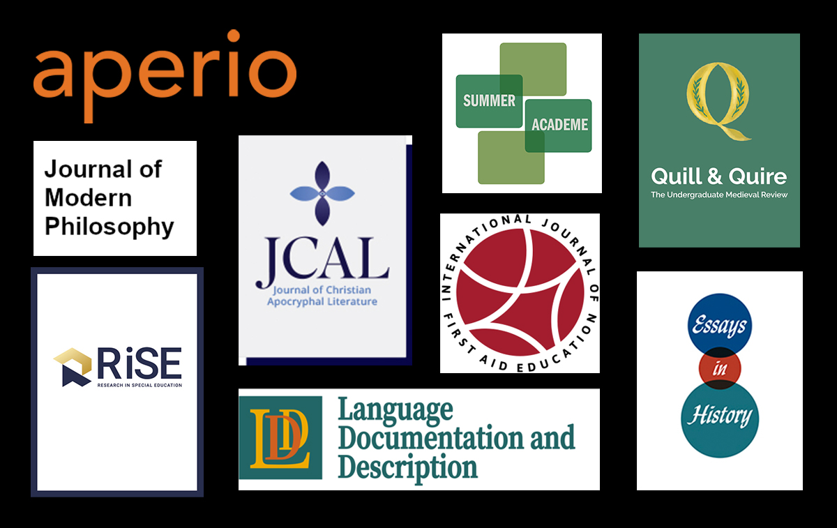 Collage of nine academic journal and publication logos on a black background, including Aperio, Journal of Modern Philosophy, JCAL, Summer Academe, Quill & Quire, RiSE, the International Journal of First Aid Education, Language Documentation and Description, and Essays in History.