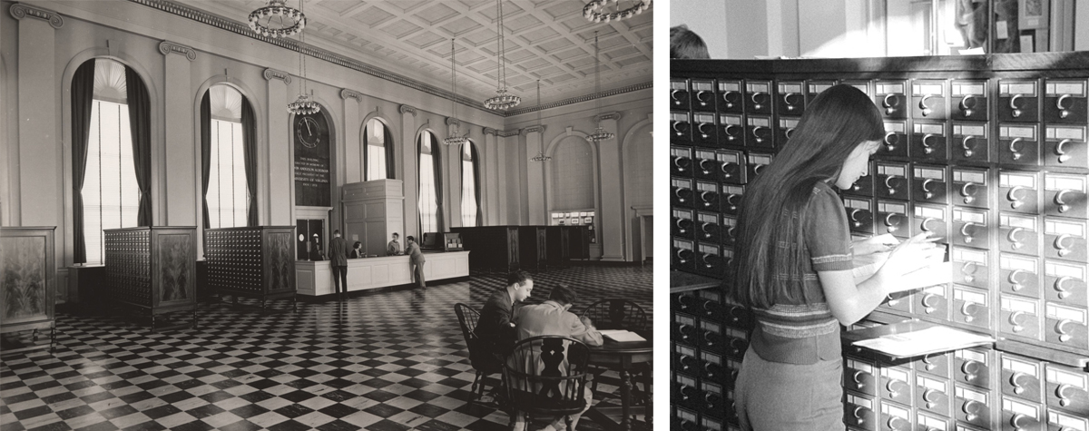 ALT: Left: Interior of a spacious library lobby with classical architecture and checkered floors as well as card catalog drawers and a central circulation desk. Right: A person searching through card catalog drawers in a library.