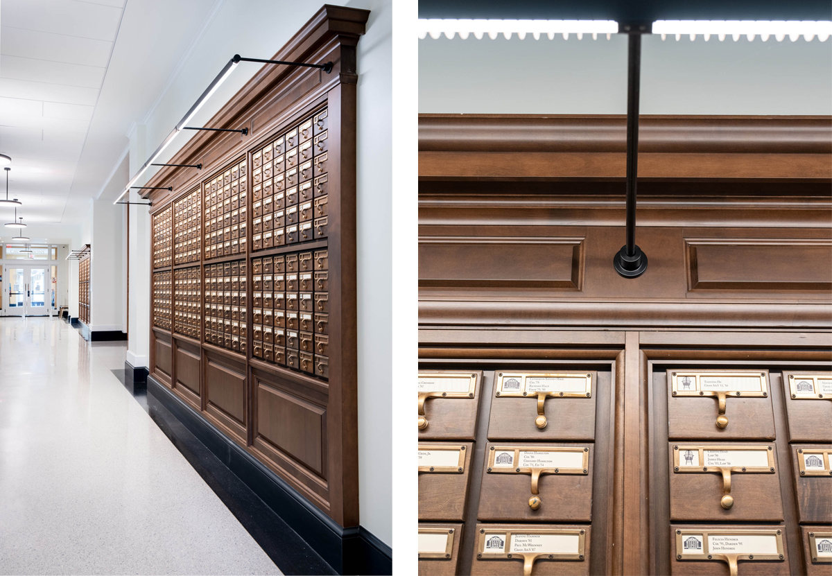 Two images of a large, traditional wooden card catalog in a library, featuring rows of labeled drawers. One shows a view looking at the catalog situated along a hallway illuminated by overhead lights, the other is a closeup shot of some of the drawer faces