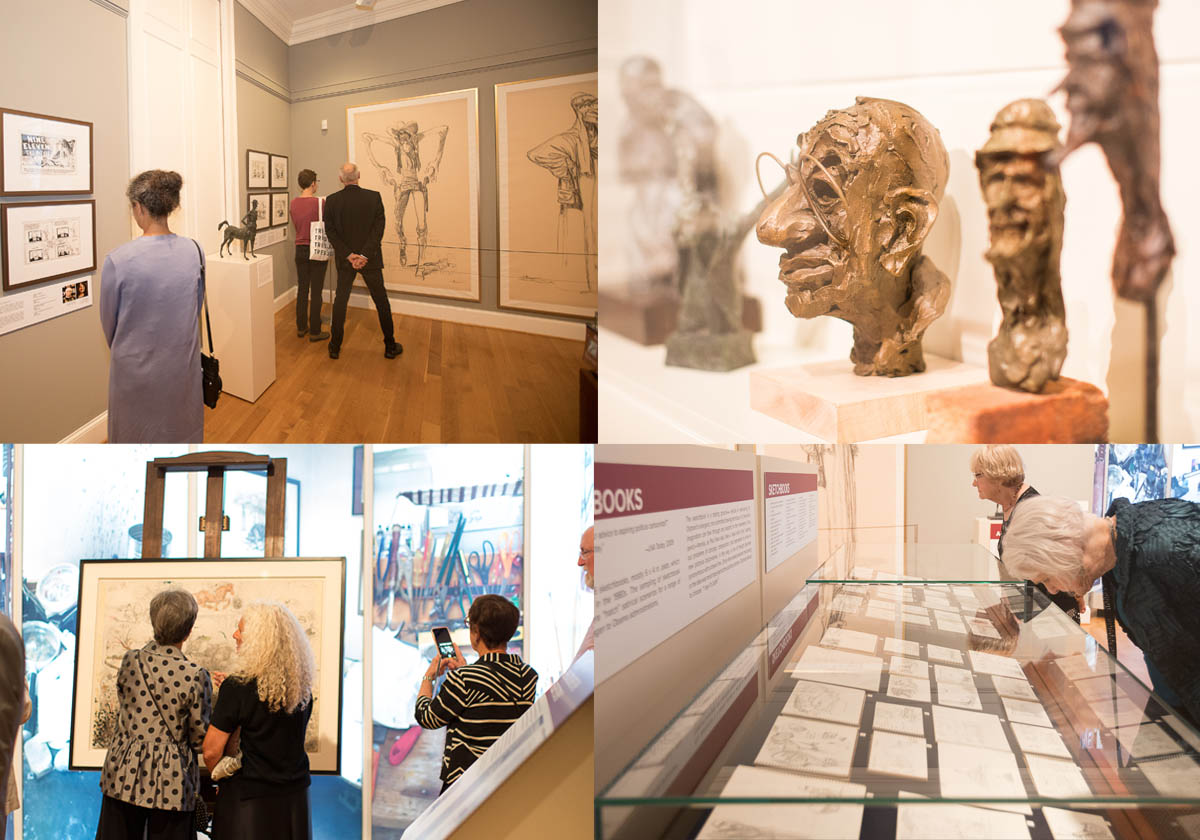 Four images from an exhibtion. Top left: Visitors view framed sketches on a wall. Top right: Close-up of expressive bronze sculptures. Bottom left: Attendees examine a large drawing on display, with one person taking a photo. Bottom right: People look at art books and sketches in a glass case.