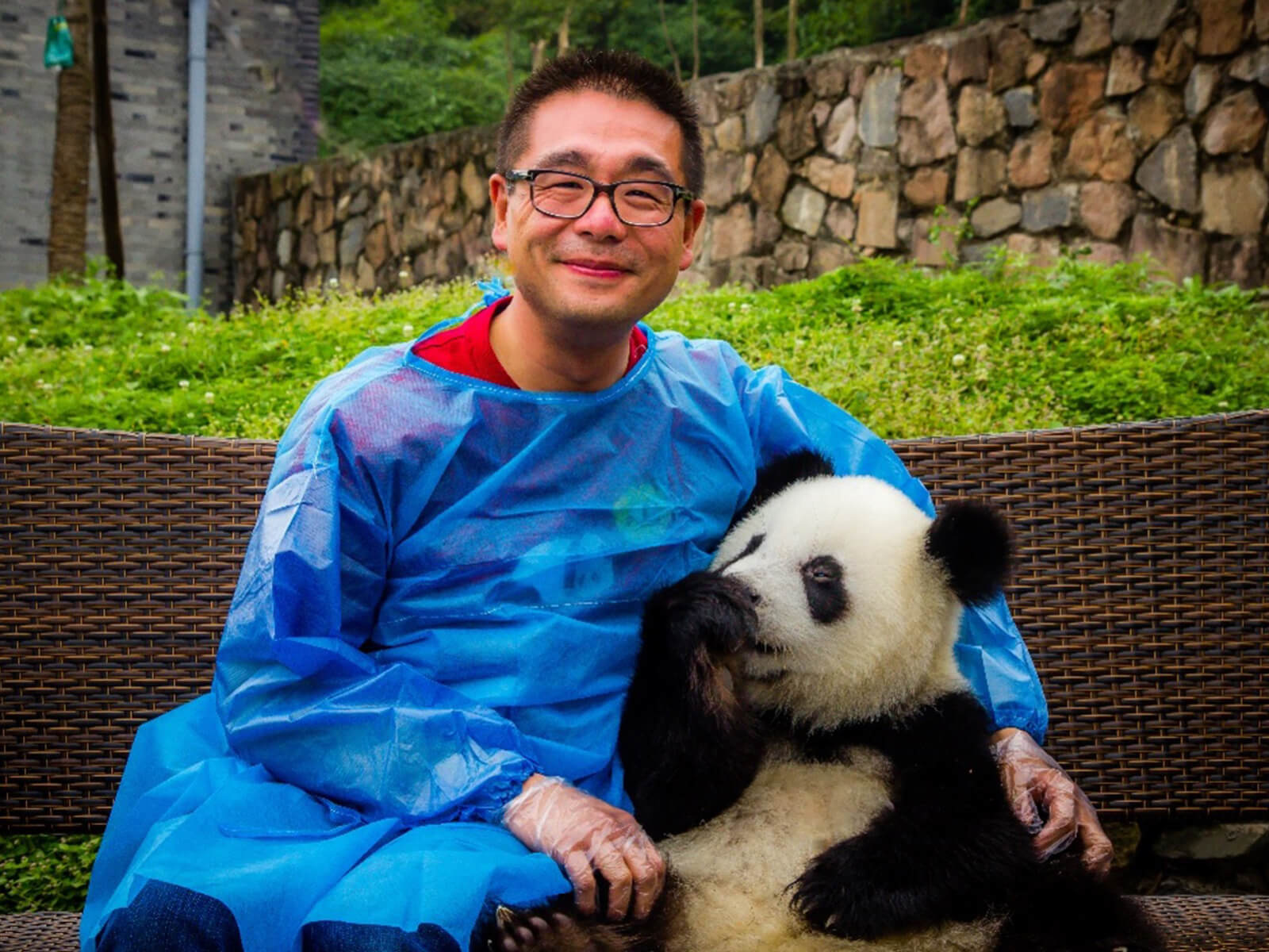 A person in a blue protective suit sitting next to a young panda, both positioned in front of a stone wall with foliage in the background. The person is smiling broadly.