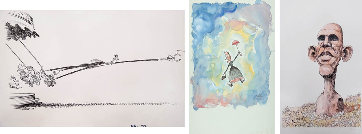 Three cartoons: 1. A sketch depicting Ronald Reagan on a merry-go-round reaching for a brass ring. 2. A watercolor painting of a George H.W. Bush holding an umbrella, floating amidst colorful clouds, resembling a scene from "Mary Poppins." 3. A caricature of Barack Obama with exaggerated features, depicted as an Easter Island statue.