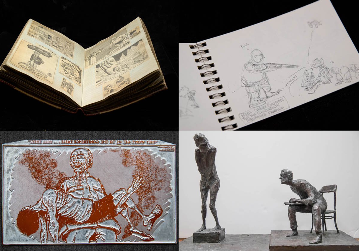 A collage of four images: An open sketchbook with detailed drawings, including a cartoon-like figure; A coiled notebook with an illustration of a person with a gun; an embossed metal relief plate depicting a historical scene with a skeletal figure; and a bronze sculpture of an artist examining a man trying to cover his nakedness.