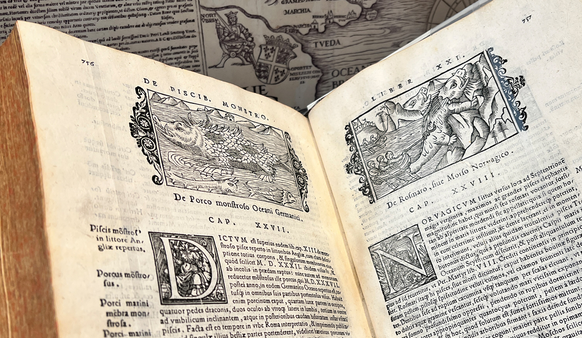 An open antiquarian book with detailed illustrations of sea monsters and text in Latin.