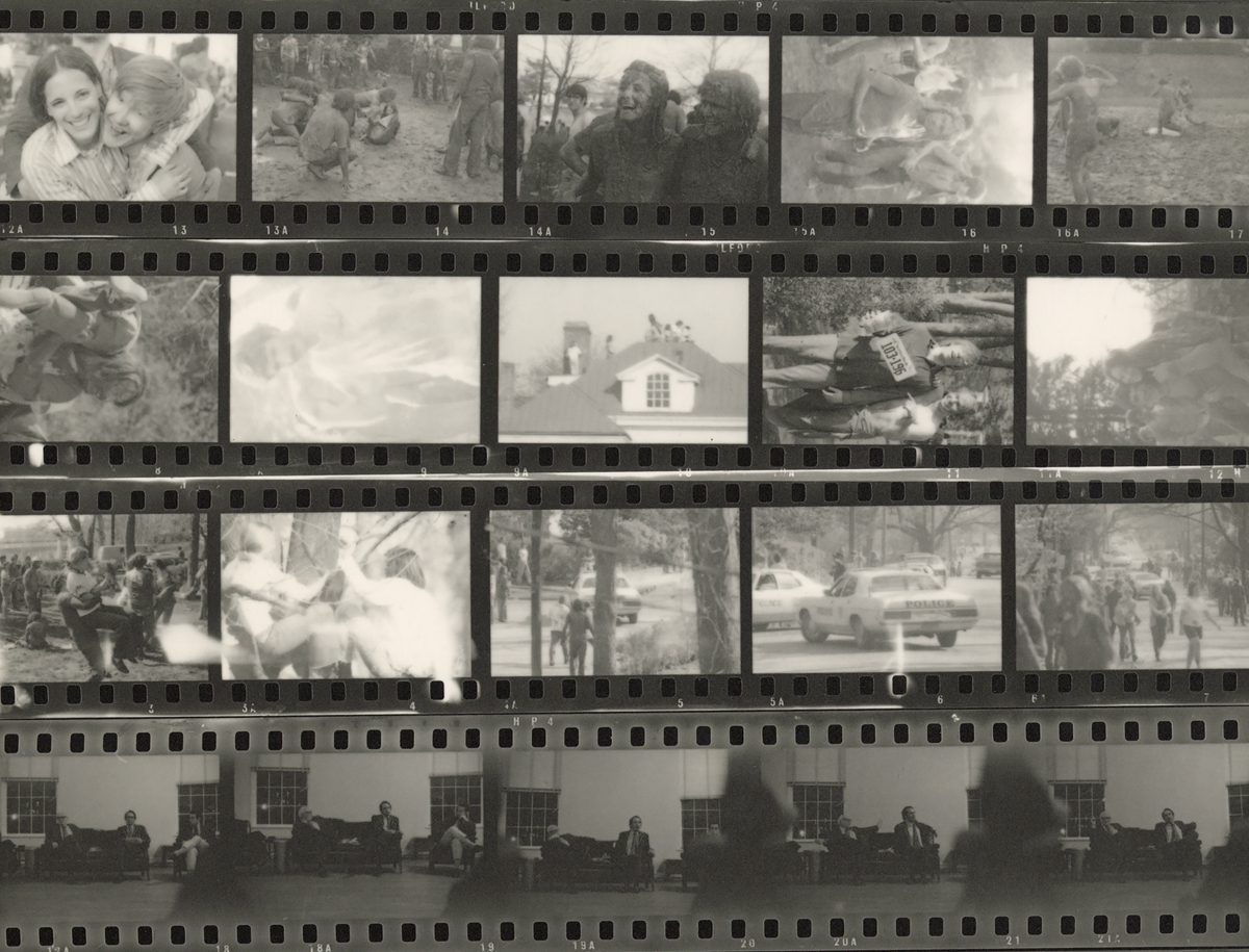 A collection of black and white contact sheets displaying various scenes of college life.