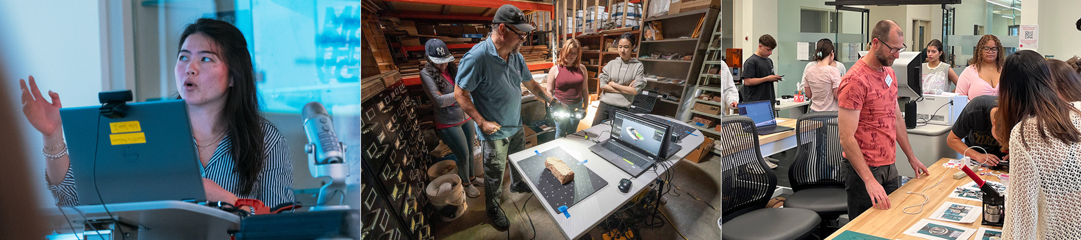 Photo collage: A woman gives a presentation, students gather around 3D scanning equipment, and students examine visual media together