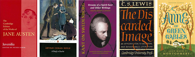 Book covers of "Juvenilia" by Jane Austen, "The Complete Sherlock Holmes" by Arthur Conan Doyle, "Kant on Swedenborg" by Emanuel Swedenborg, "The Discarded Image" by C.S. Lewis, and "Anne of Green Gables" by L.M. Montgomery.