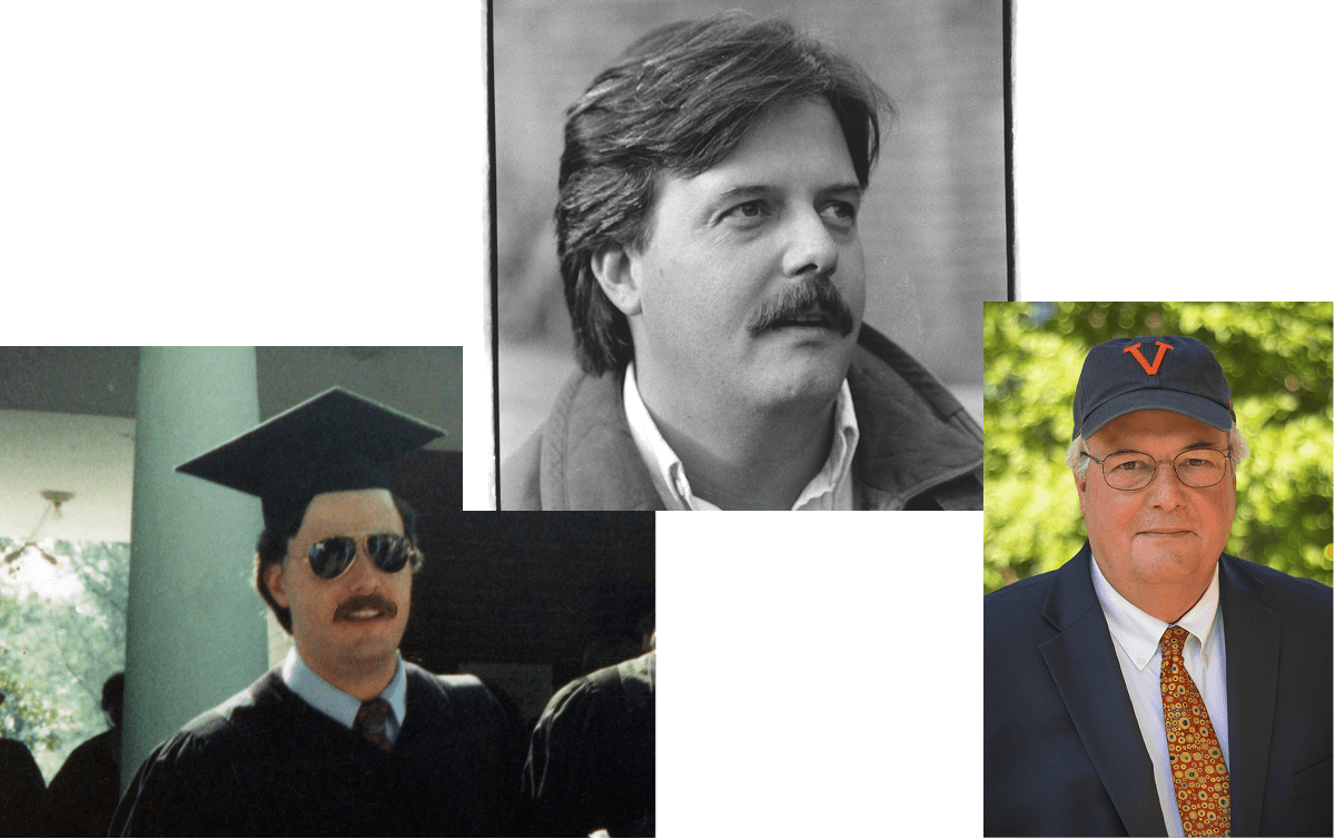Collage of three images: Person in graduation attire with a thick mustache, wearing a cap and sunglasses, black and white portrait of a person with a mustache, wearing a jacket over a shirt, looking to the side, and person wearing a cap with the letter 'V' and a suit, standing outdoors with a background of blurred green foliage.