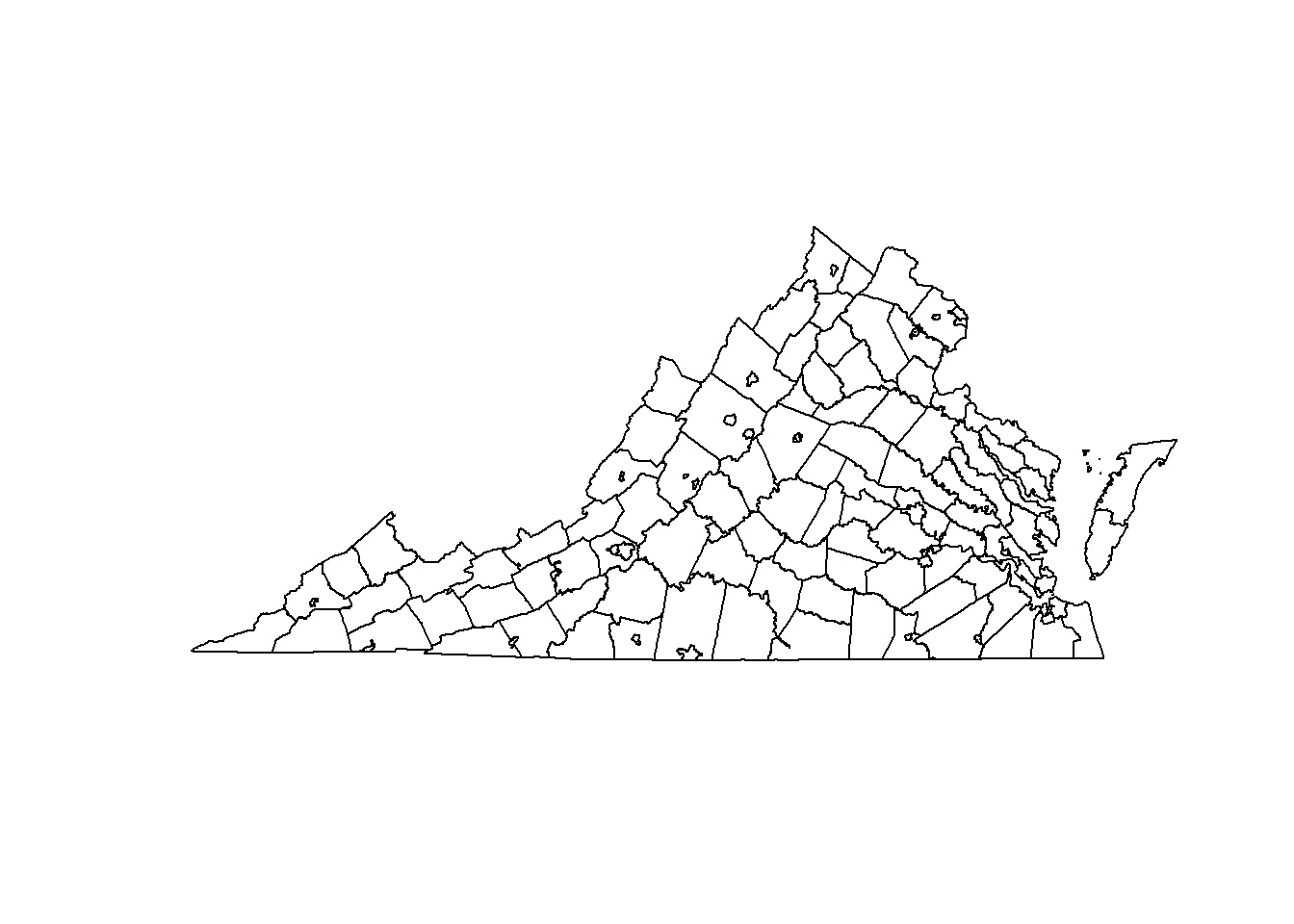Map of Virginia showing all counties and city borders.