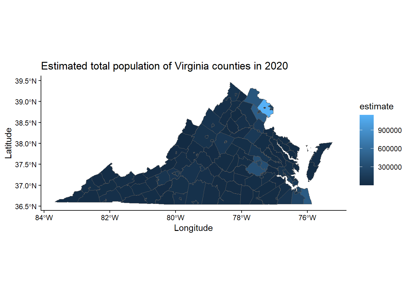 Choropleth map of Virginia with counties and cities shaded by estimated total population per county/city in 2020.