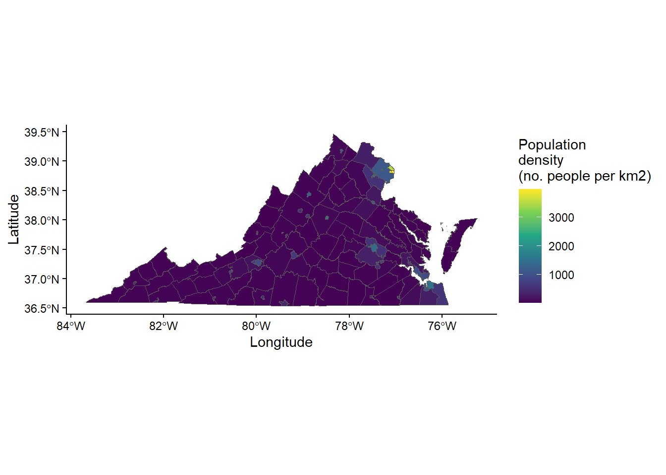 Choropleth map of Virginia with counties and cities shaded by population density.