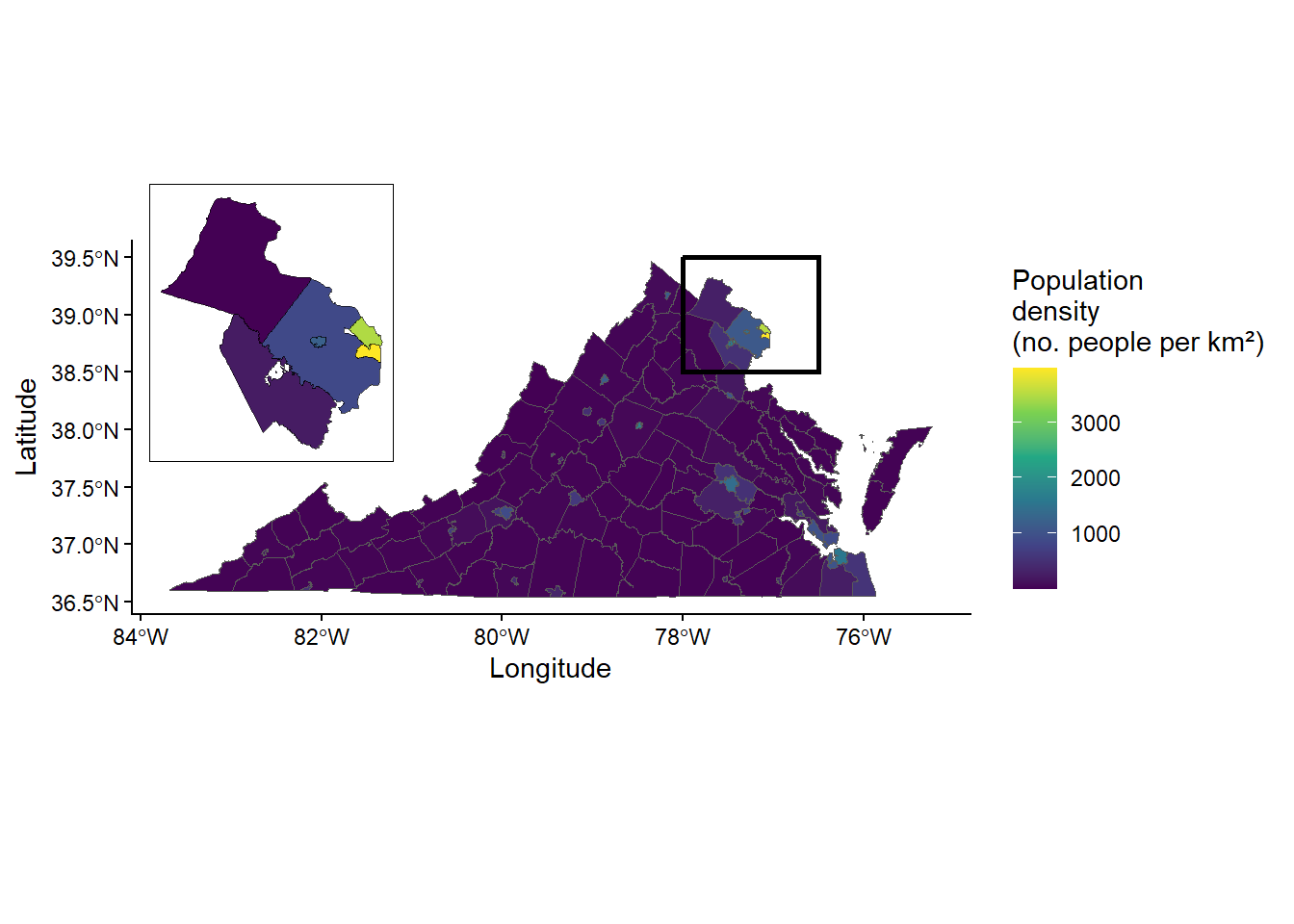 Choropleth map of Virginia with counties and cities shaded by population density and an inset map of Norther Virginia.