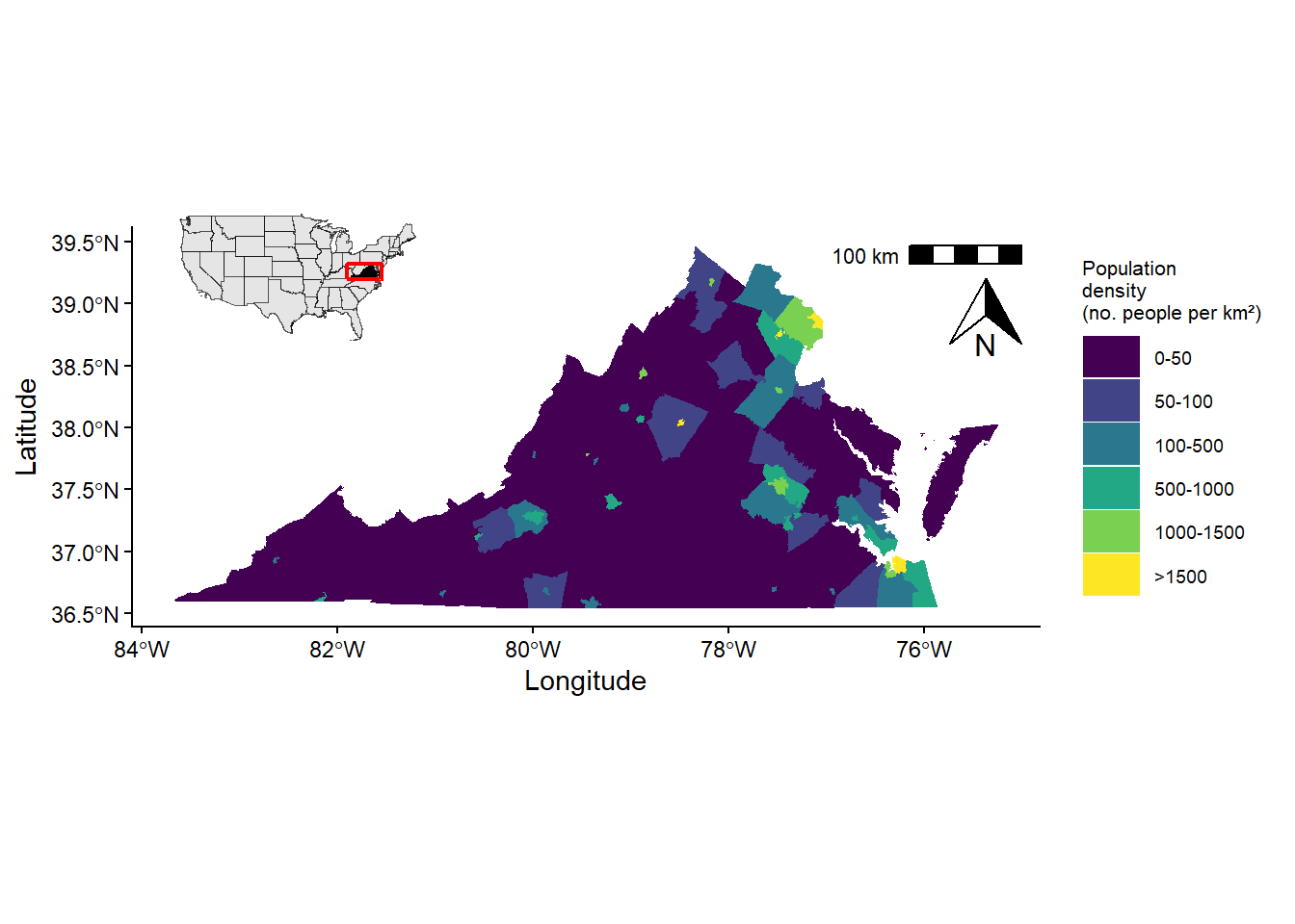 Choropleth map of Virginia with counties and cities shaded by population denisty, with a scale bar and inset map of the lower 48 United States.