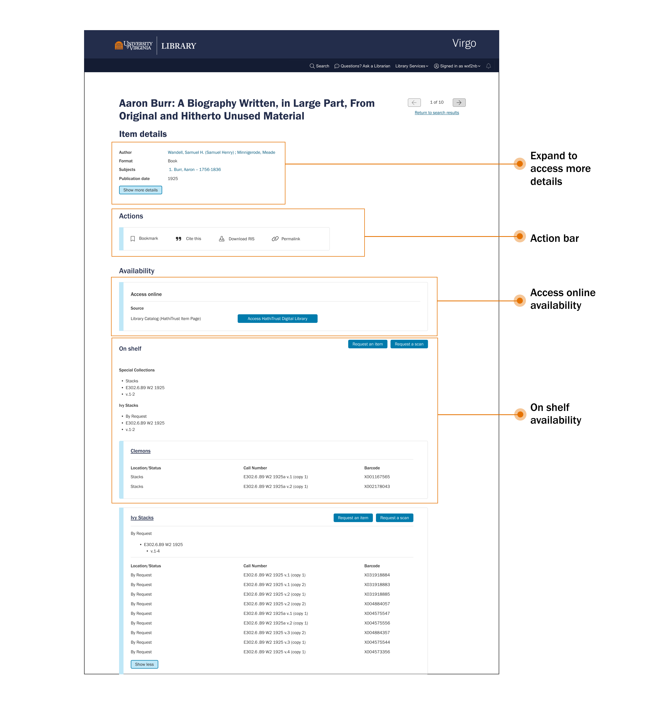 "Annotated mockup of the redesigned Virgo item details page for 'Aaron Burr: A Biography,' highlighting four new features with callouts: an 'Expand to access more details' button that reveals additional item details beyond the basic author, format, subject, and publication date; an action bar with bookmark, cite, download RIS, and permalink options; an 'Access online availability' section showing a link to the HathiTrust Digital Library; and an 'On shelf availability' section listing multiple locations (Special Collections, Ivy Stacks, Clemons) each with request buttons and expandable tables of call numbers, barcodes, and copy status."
