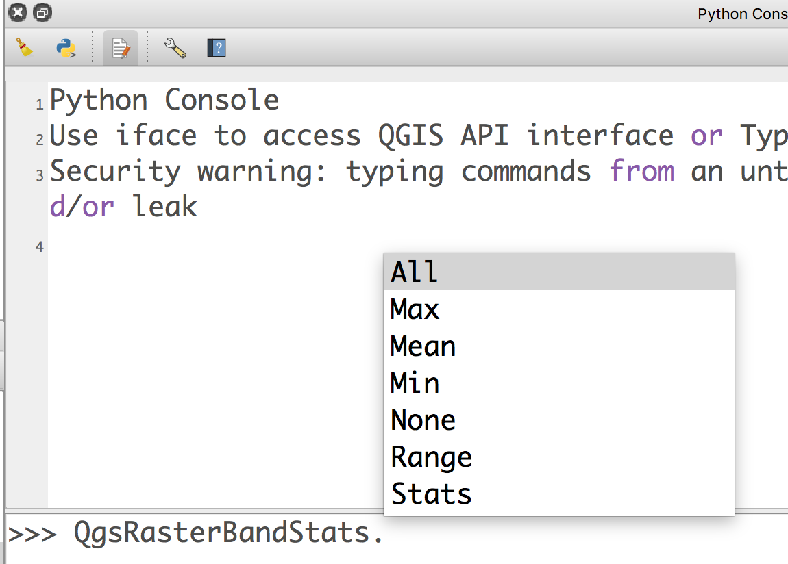 Demonstrating available attributes by typing QgsRasterBandStats and letting QGIS auto-suggest attributes.