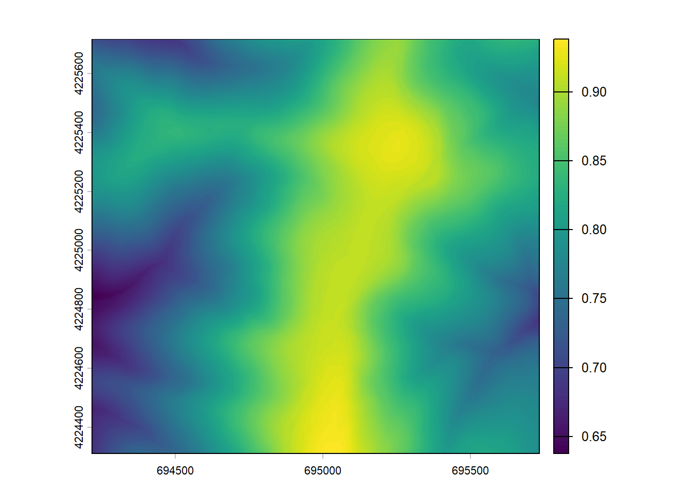 Raster image of some mountains off the Blue Ridge Parkway in Virginia with elevation displated in kilometers instead of meters.