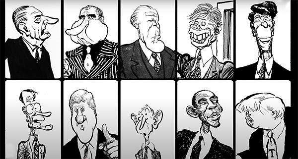 Ten frames show sketches of ten recent political figures. For example, Nixon has an exaggerated nose and jawbone; Ford has a bandaid on his forehead and over his mouth; Ross Perot is small and has large ears.